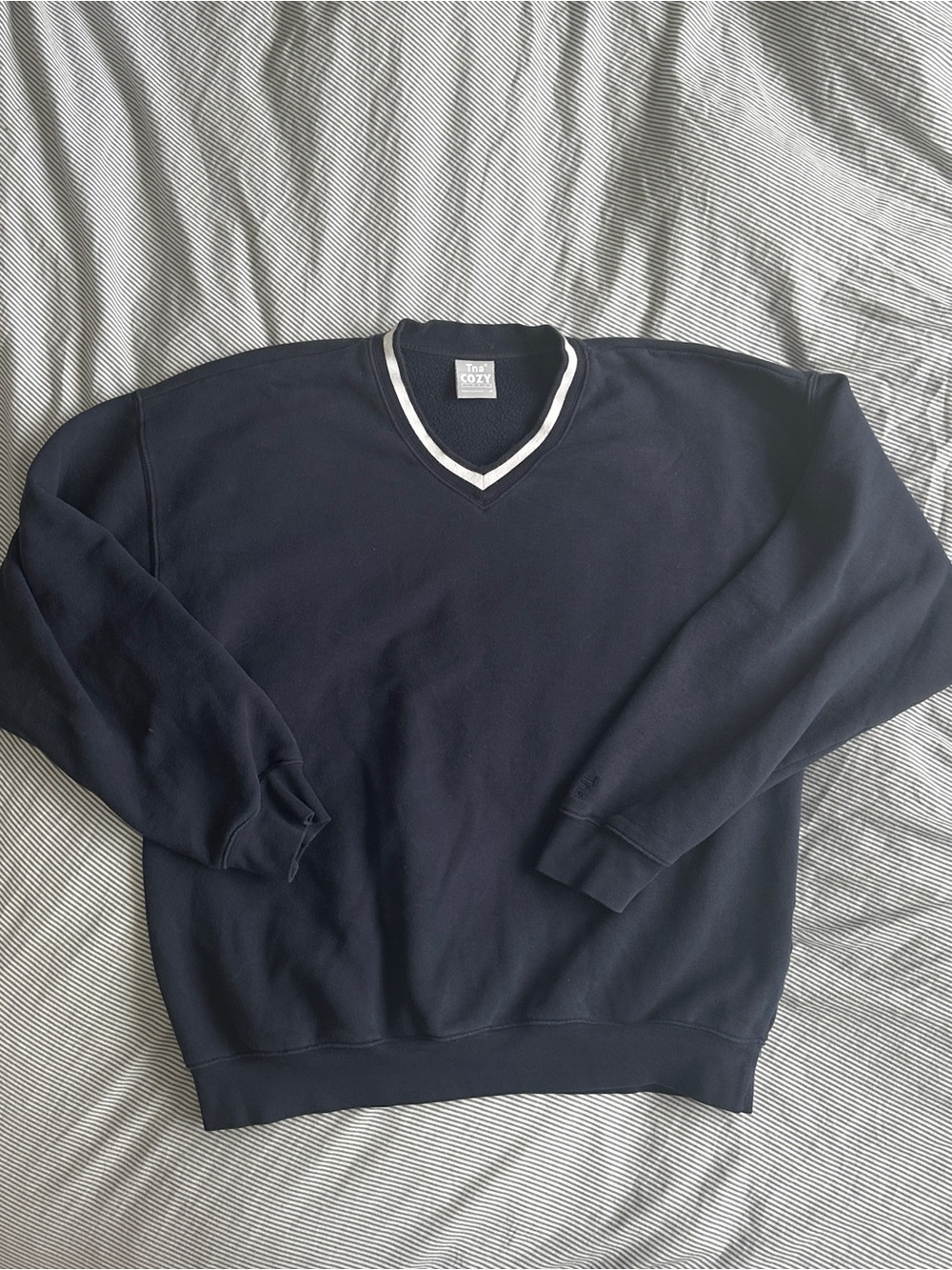 TNA Cozy V-Neck Navy Sweater with Contrast Trim